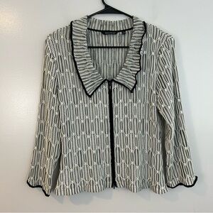 Samuel Dong Black/White Geometric Ruffle Neck Stretch Zip Up Cardigan Jacket M